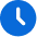 A white minimalist clock face icon inside a solid blue circle.