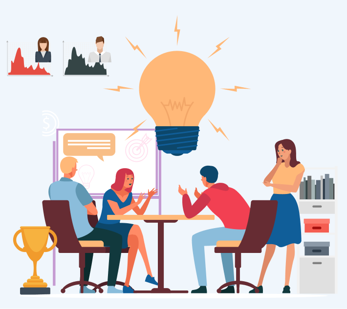 Team brainstorming session with a glowing light bulb