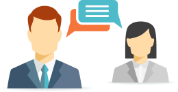 Male and female HR specialists with speech bubbles representing communication and hiring