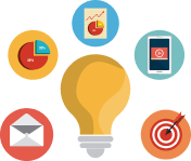 Illustration of a lightbulb surrounded by digital marketing icons representing a digital marketing team