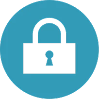 White padlock icon inside a blue circle representing data security and confidentiality 