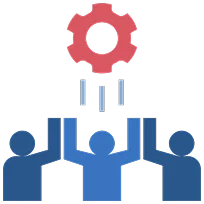 Team collaboration icon with a gear symbolizing .NET development expertise 