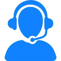 Blue icon of a support agent with a headset, representing technical assistance
