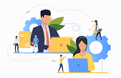 Business team with charts and gears representing enterprises