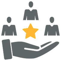Hand holding three certified professionals with a star, symbolising vetted talent.
