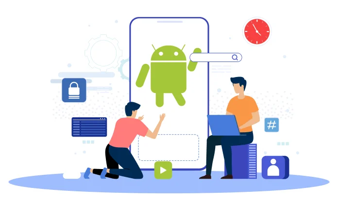 Developers working on Android app with laptop and smartphone interface.