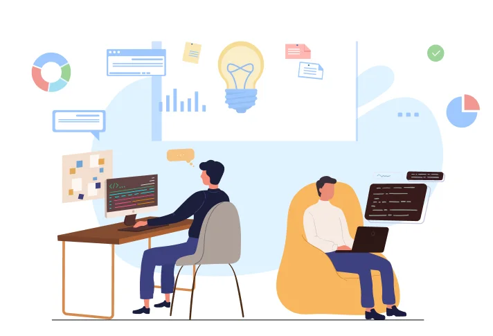 Android developers working on laptops with code, charts, and app design elements in the background.