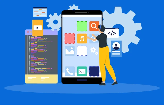 Developer building mobile app interface with code and tools.