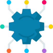 Gear icon with multiple colored connection nodes 