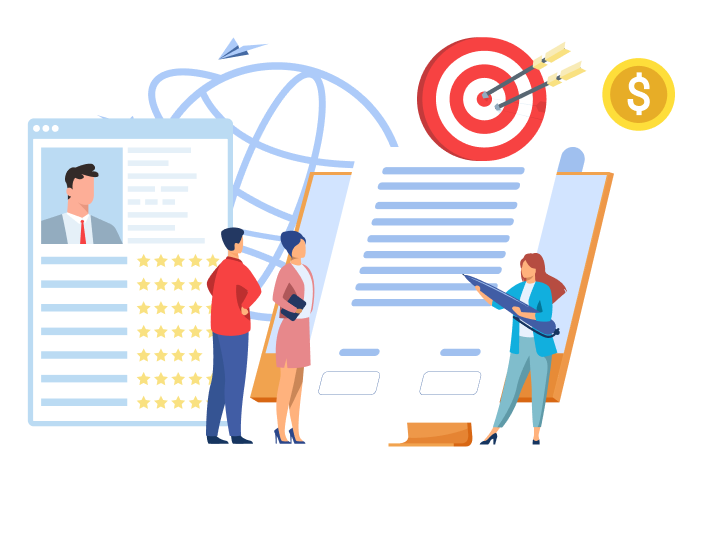 Illustration of candidate screening, contract signing, and target-based hiring process.