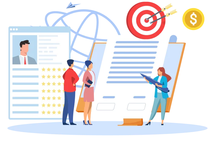 Illustration representing engagement models with team, candidate profile, contract, and goal alignment.