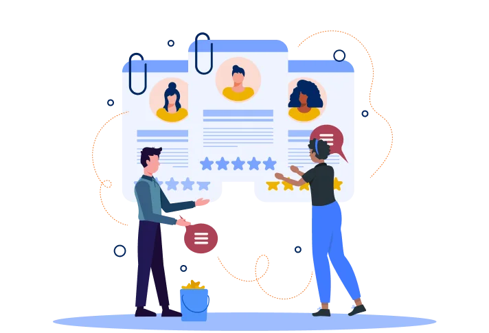 Two professionals reviewing candidate profiles with resumes and star ratings displayed.
