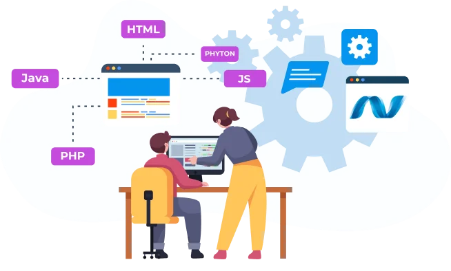 Developers working with Java, PHP, HTML, JS, Python, and .NET, symbolising software development.