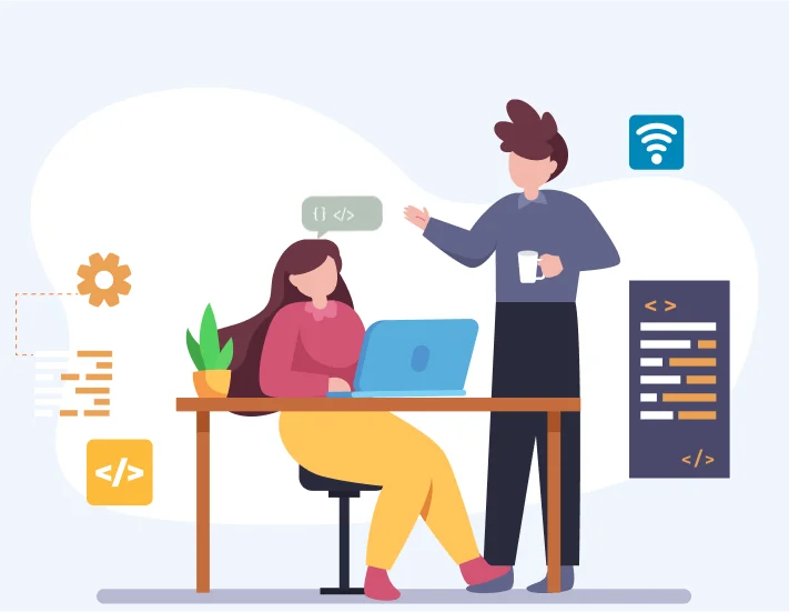 Designers building an android app interface with visual and code elements.