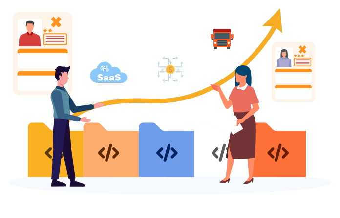Illustration of two professionals analysing software project growth with icons for SaaS, logistics, and finance