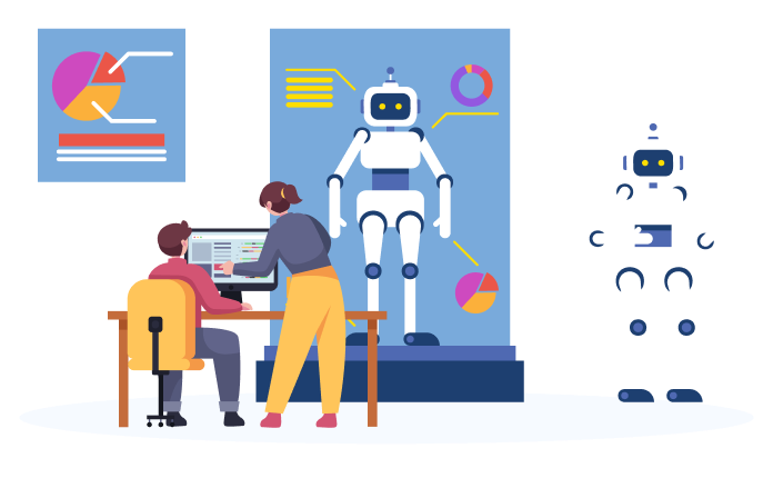 Engineers working on robot development and data analysis in an AI research lab