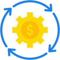 Yellow gear with dollar sign and arrows illustrating optimized, cost-effective software delivery.