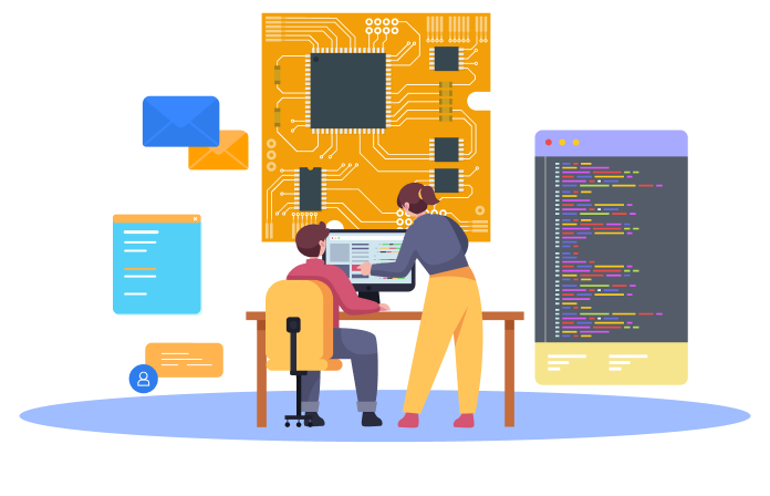 Illustration of two people working on embedded system software with circuit board and code
