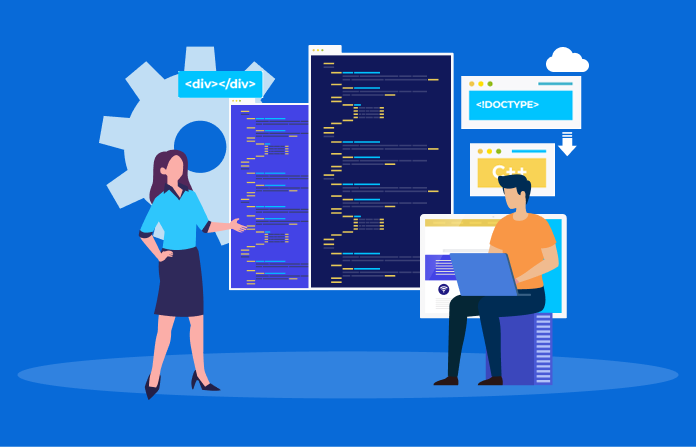 Illustration of two people discussing code with HTML elements around