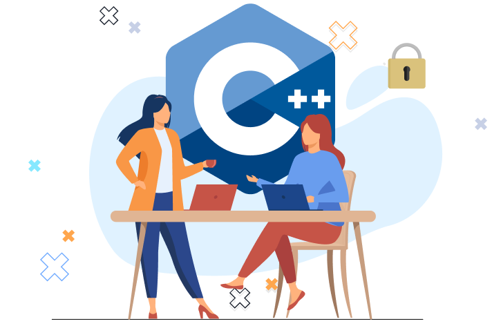 Illustration of two women discussing C++ programming at a table with laptops and C++ logo in the background