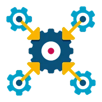 Central cogwheel connected to four gears with arrows