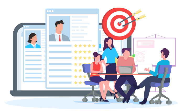 Team reviewing candidate profiles and performance ratings for targeted recruitment