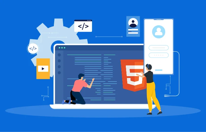 Developers working on HTML5 web interface with code and UI elements on screen.