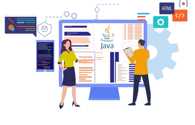 Developer building java app interface with code and tools.