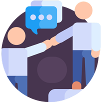 Two people shaking hands with chat bubbles overhead, symbolising partnership or client onboarding