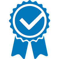 Blue ribbon badge icon with a checkmark indicating quality and performance