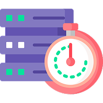 Server icon with stopwatch indicating real-time data processing 