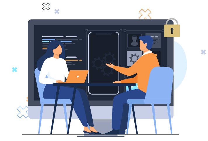 Illustration of two people collaborating on software development with code on a large screen and a padlock symbol