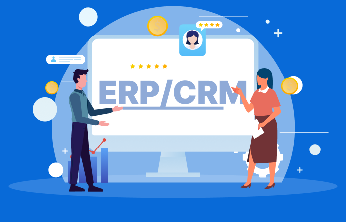 ERP/CRM illustration with two professionals discussing software solutions