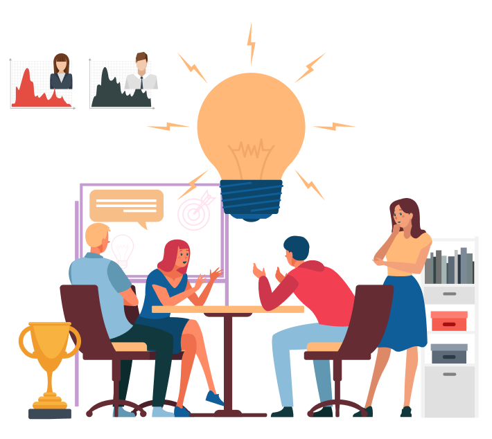 Team brainstorming session with large light bulb idea concept