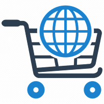 Icon of shopping cart with globe representing eCommerce development