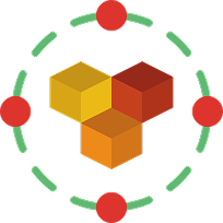 Icon of connected red and gold cubes representing module-specific expertise