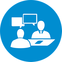 Icon of two people with speech bubbles representing communication or consultation