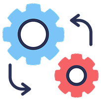 Icon of two interconnected gears with arrows representing system integration
