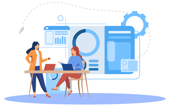 Illustration of two developers discussing data with charts and interface elements in background