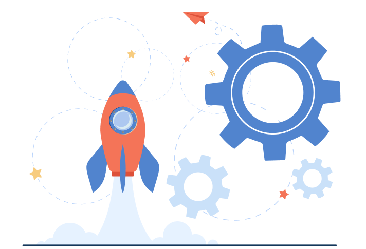 Startup launch image with rocket and gear wheels