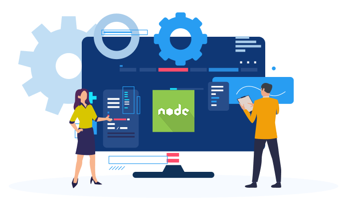 Illustration of two professionals working on Node.js development with code and gears in the background