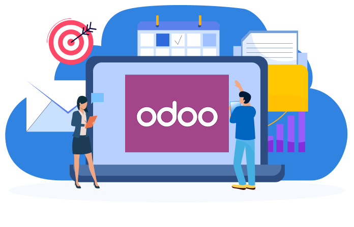 Illustration of Odoo software on laptop screen with target, calendar, and documents icons