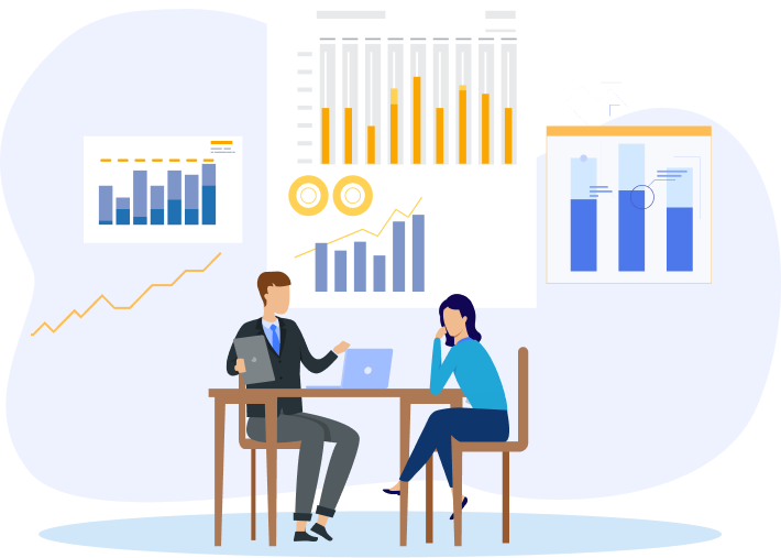 Business meeting with data charts and analytics on screen