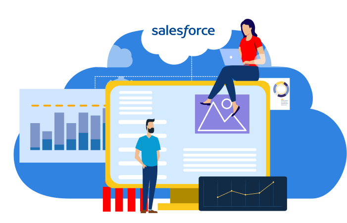 Salesforce CRM dashboard illustration with team collaboration