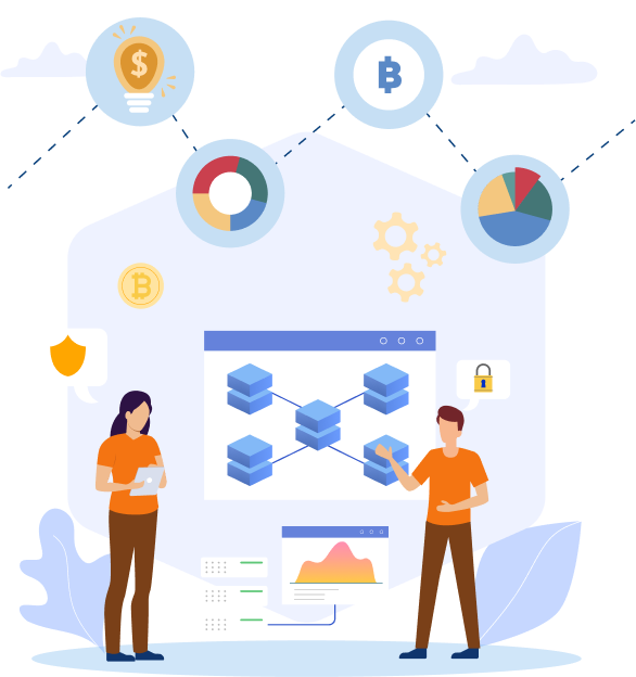 Business professionals discussing blockchain network and analytics
