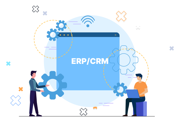 Illustration of ERP/CRM system with people and gear icons