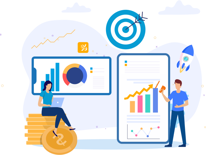 Business growth illustration with charts, target and analytics