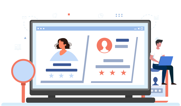 Illustration of a computer screen displaying user profiles and a magnifying glass, representing a talent search and candidate management platform.
