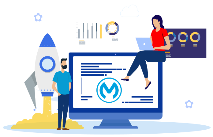 Illustration of two professionals working on a MuleSoft integration project, with a rocket launch, charts, and a large monitor displaying the MuleSoft logo