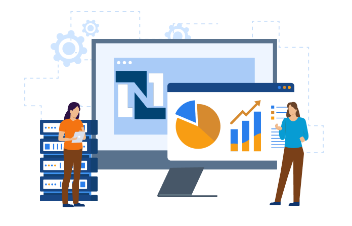 NetSuite dashboard illustration with team analysing charts and business data